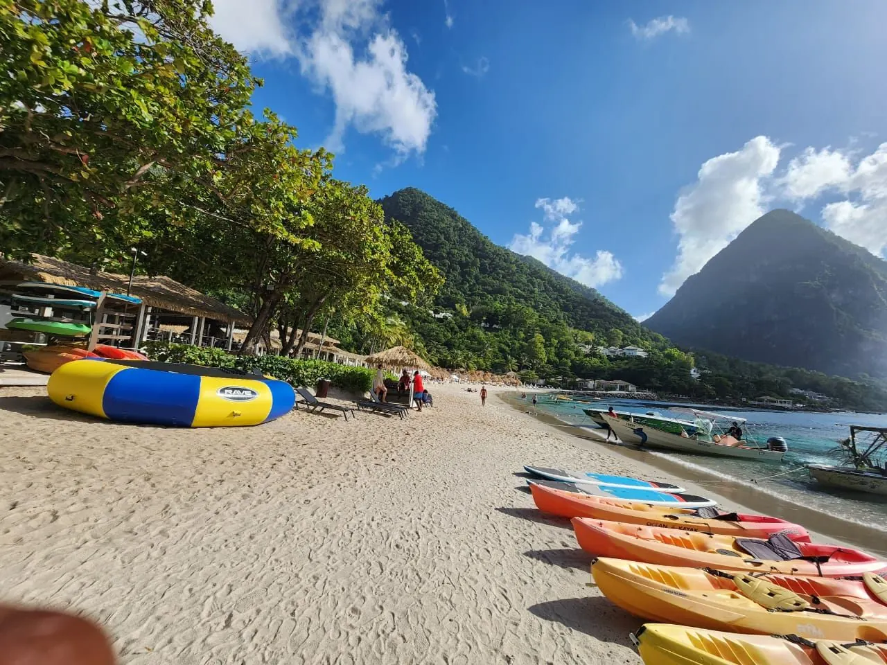 Sugar Beach with kayaks beneath the Pitons